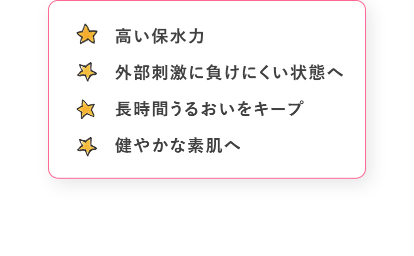 ・高い保水力 ・外部刺激に負けにくい状態へ ・長時間うるおいをキープ ・健やかな素肌へ