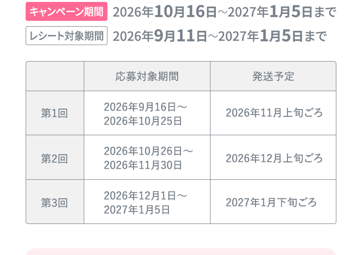 キャンペーン期間：2026年10月16日～2027年1月5日まで レシート対象期間：2026年9月11日～2027年1月5日まで