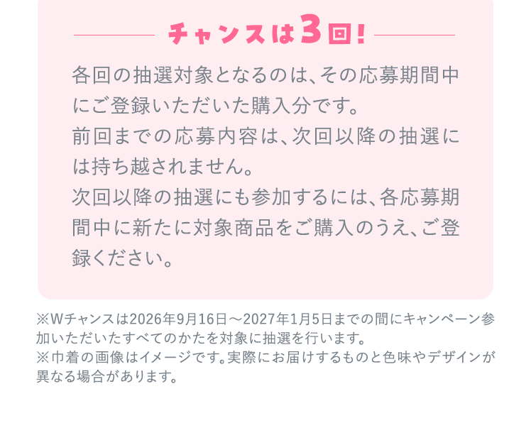 各回の抽選対象となるのは、その応募期間中にご登録いただいた購入分です。前回までの応募内容は、次回以降の抽選には持ち越されません。次回以降の抽選にも参加するには、各応募期間中に新たに対象商品をご購入のうえ、ご登録ください。