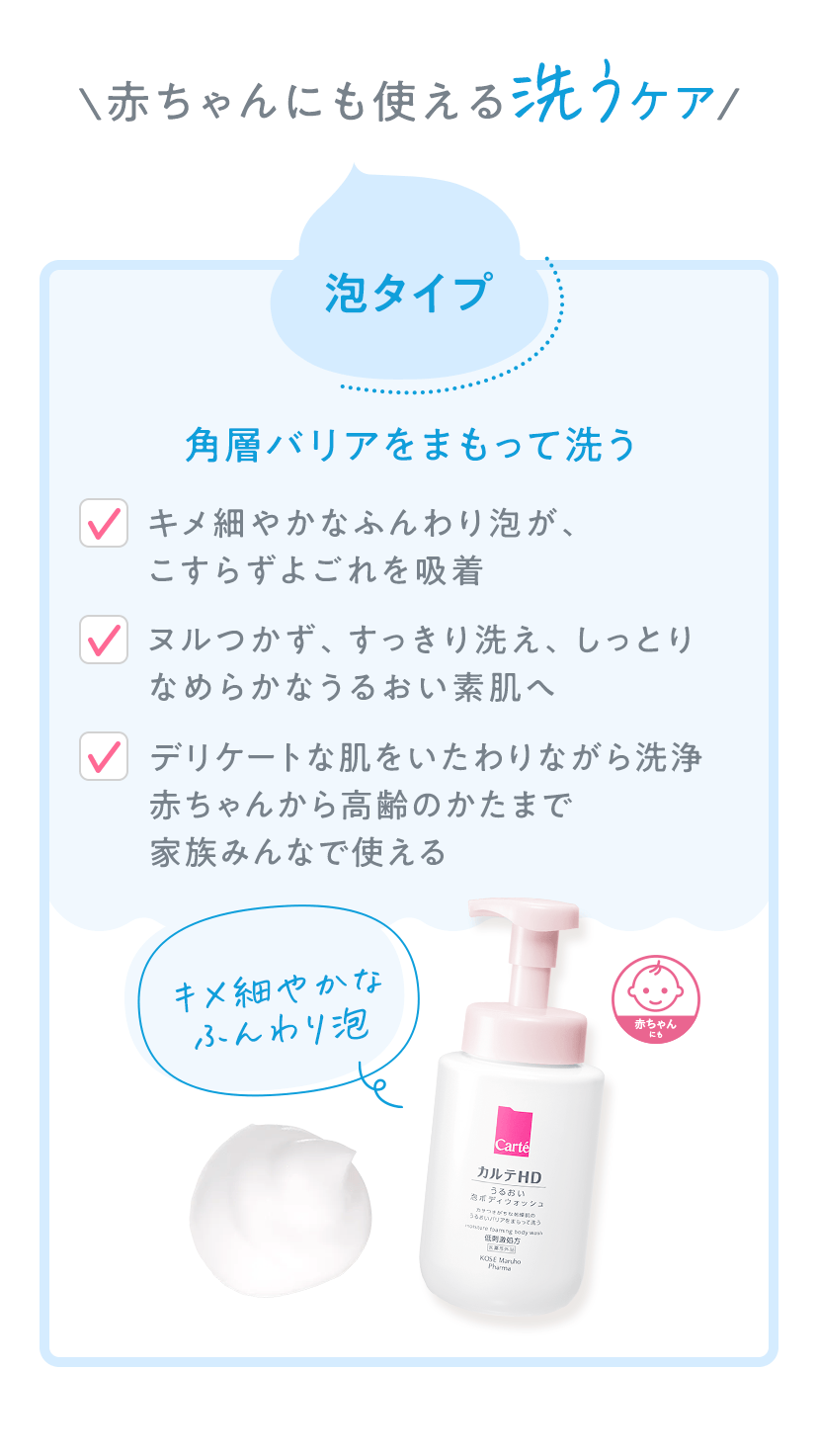 ＼赤ちゃんにも使える洗うケア／ 泡タイプ 角層バリアをまもって洗う ・キメ細やかなふんわり泡が、こすらずよごれを吸着 ・ヌルつかず、すっきり洗え、しっとりなめらかなうるおい素肌へ ・デリケートな肌をいたわりながら洗浄 赤ちゃんから高齢のかたまで家族みんなで使える キメ細やかなふんわり泡