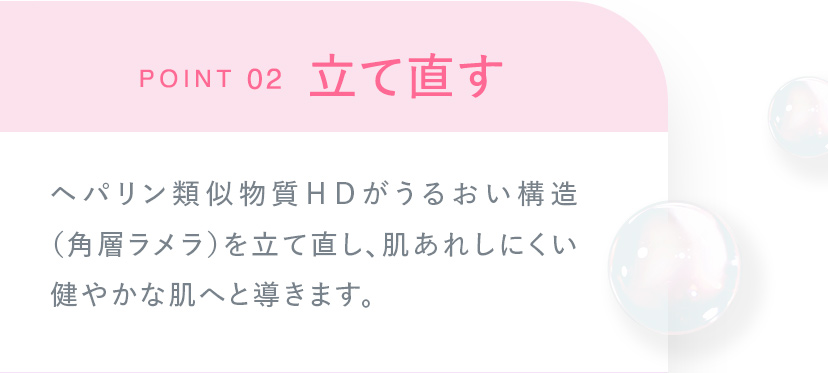 POINT02 立て直す ヘパリン類似物質ＨＤがうるおい構造（角層ラメラ）を立て直し、肌あれしにくい健やかな肌へと導きます。