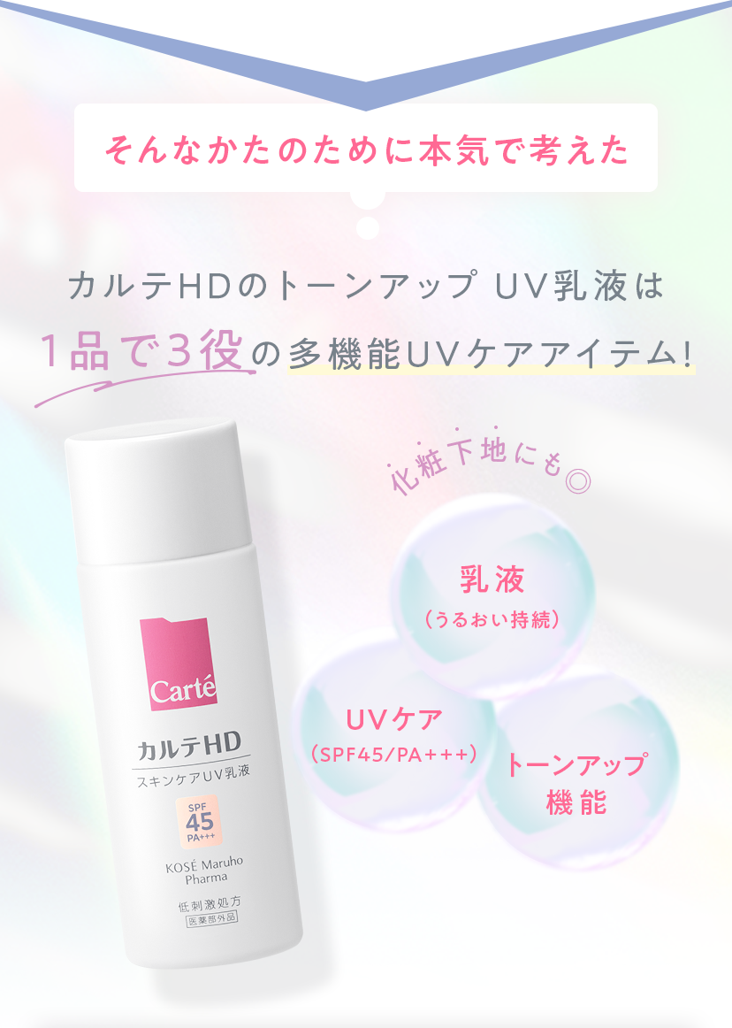 そんなかたのために本気で考えた カルテＨＤのトーンアップ ＵＶ乳液は1品で3役の多機能UVケアアイテム！