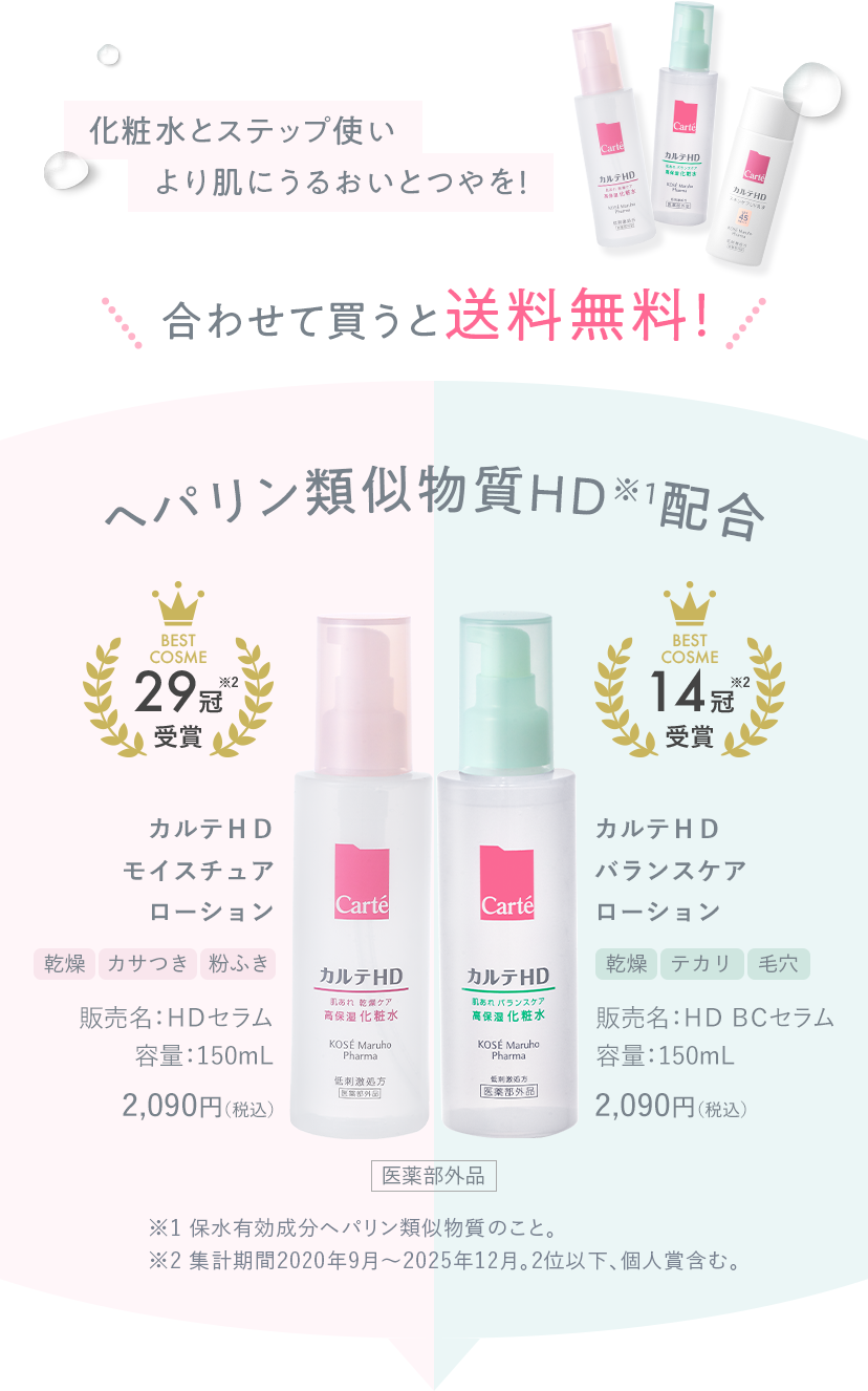 合わせて買うと送料無料！ ヘパリン類似物質ＨD※1配合 ・カルテＨＤ モイスチュア ローション 販売名：ＨＤセラム 容量：150mL 2,090円（税込） ・カルテＨＤ バランスケア ローション 販売名：ＨＤ ＢＣセラム 容量：150mL 2,090円（税込）