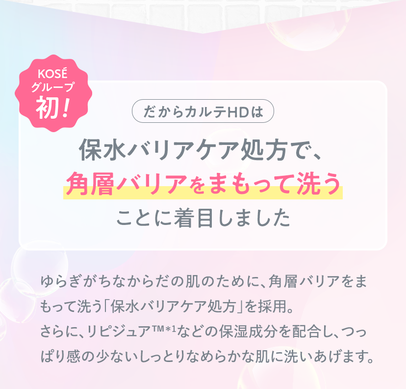 だからカルテＨＤは保水バリアケア処方で、角層バリアをまもって洗うことに着目しました