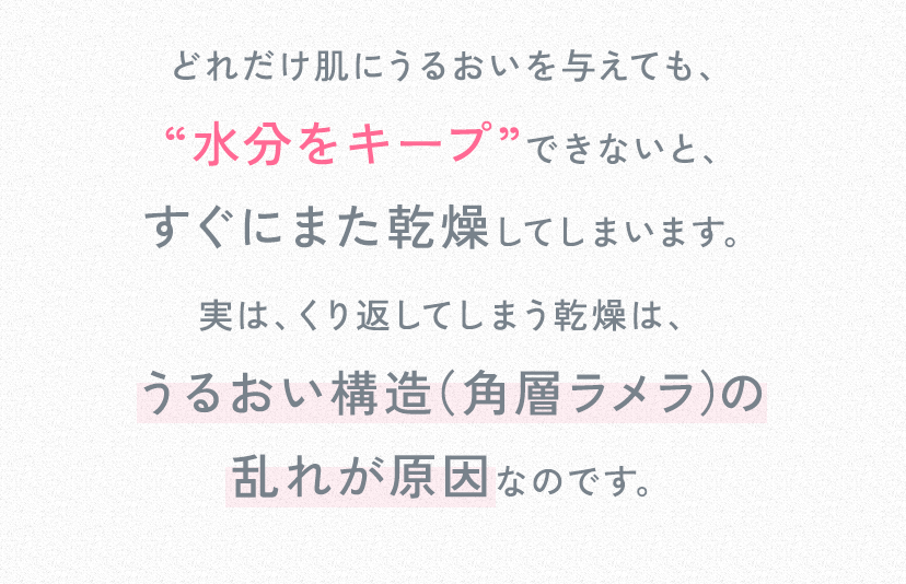 どれだけ肌にうるおいを与えても、“水分をキープ”できないと、すぐにまた乾燥してしまいます。実は、くり返してしまう乾燥は、うるおい構造（角層ラメラ）の乱れが原因なのです。