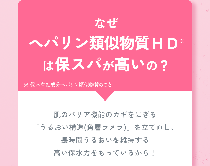 なぜヘパリン類似物質ＨＤは保スパが高いの？肌のバリア機能のカギをにぎる「うるおい構造(角層ラメラ)」を立て直し、長時間うるおいを維持する高い保水力をもっているから！